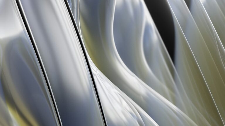 A 3D render of abstract silver and yellow waves